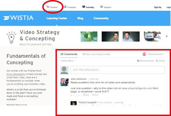 Wistia, a video hosting service, discusses about how to create powerful videos. Notice the product section (red circle) is subtle, while the topic is highlighted to engage more users.  