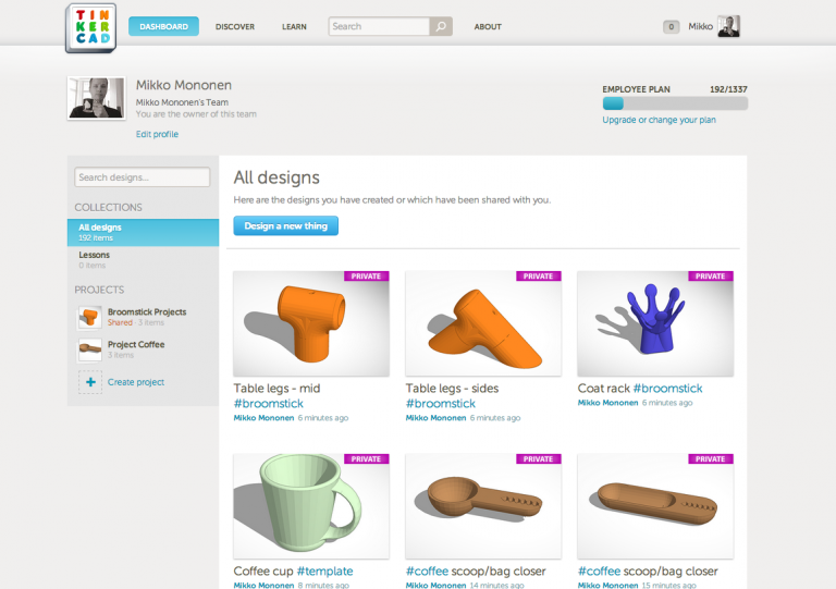 TinkerCAD Dashboard